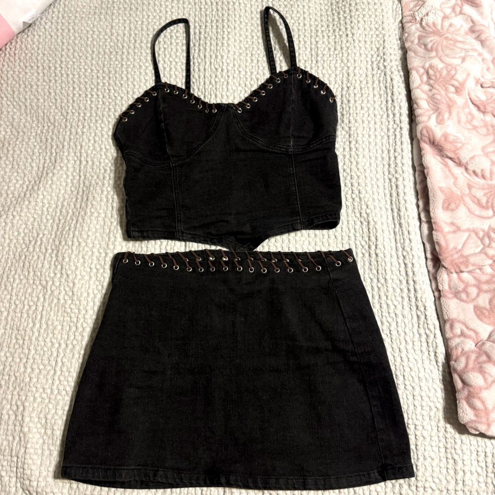FN Black Denim Skirt Set